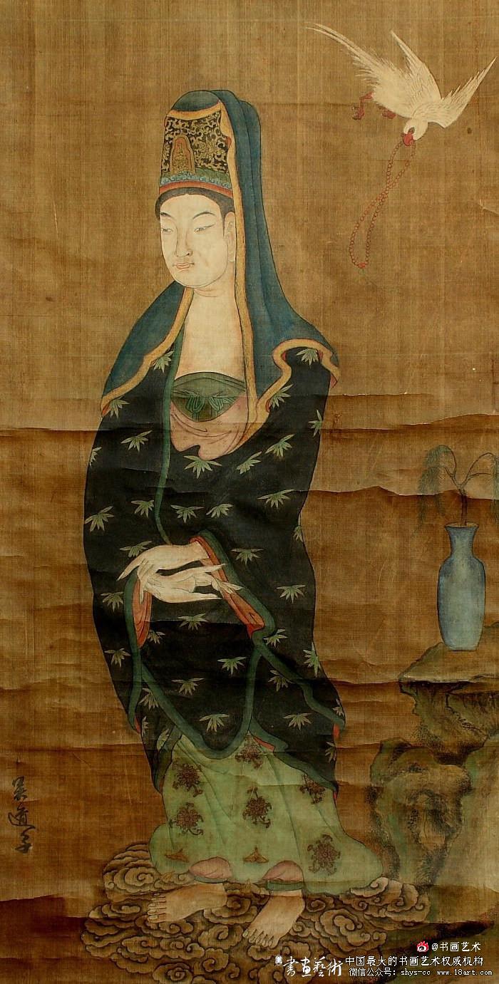 中国古美術・純手描き・吴道子人物画芯・觀音画像167x86cm・書画